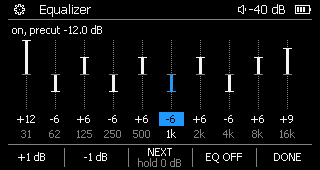 The equaliser: ten bands from 31 Hz to 16 kHz, each a slider of ±12 dB, and the precut