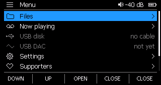 The main menu: Files, Now playing, USB disk, USB DAC, Settings, Supporters