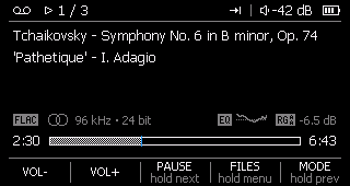 Now playing with the equaliser and ReplayGain on: the EQ chip with its curve, the RG chip with an A for auto and an A for album gain, -6.5 dB
